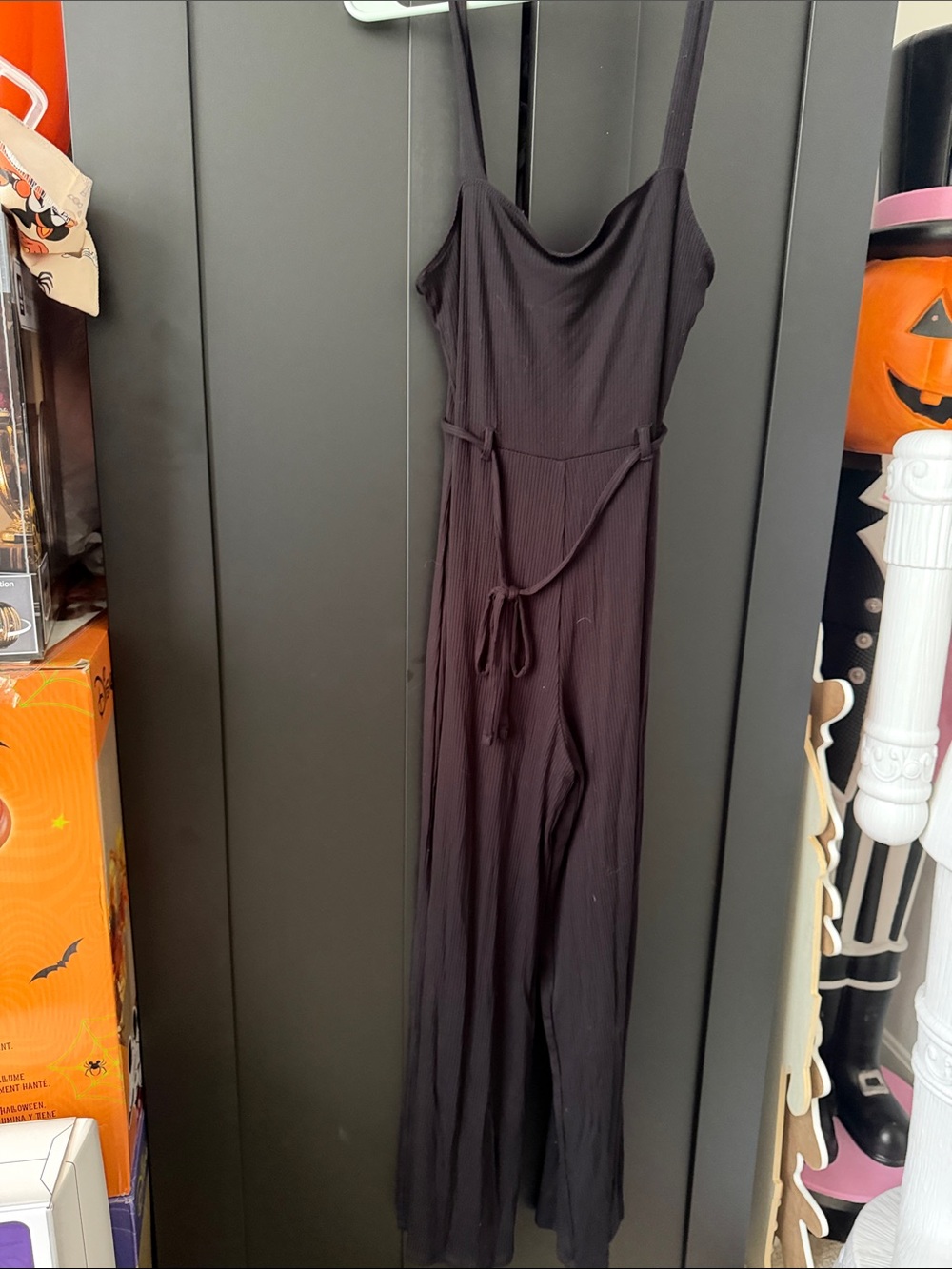 Forever 21 Black Ribbed Spaghetti-Strap Jumpsuit with Waist Tie
